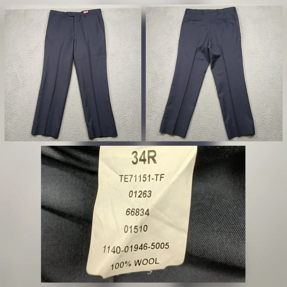 100% Wool Dress Pants Men's 34R Navy Blue Flat‎ Front Suit Pants
